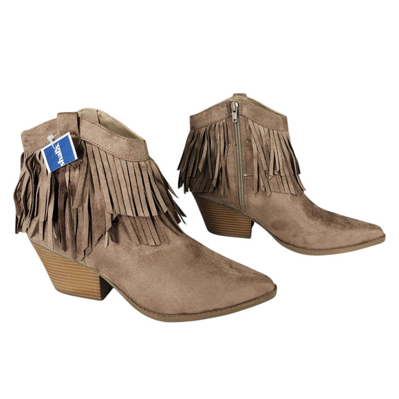 Indigo Rd Cowboy Boot Bootie sz 10M Women Fringe Taupe Faux Suede 2" Western NEW - Picture 1 of 12